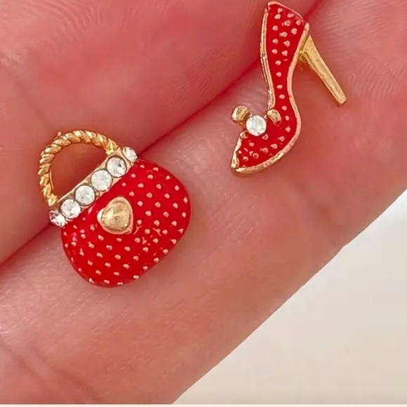 Red Shiny 14K Plated Purse And Heels Alloy Rhinestone Earrings - Picture 2 of 6